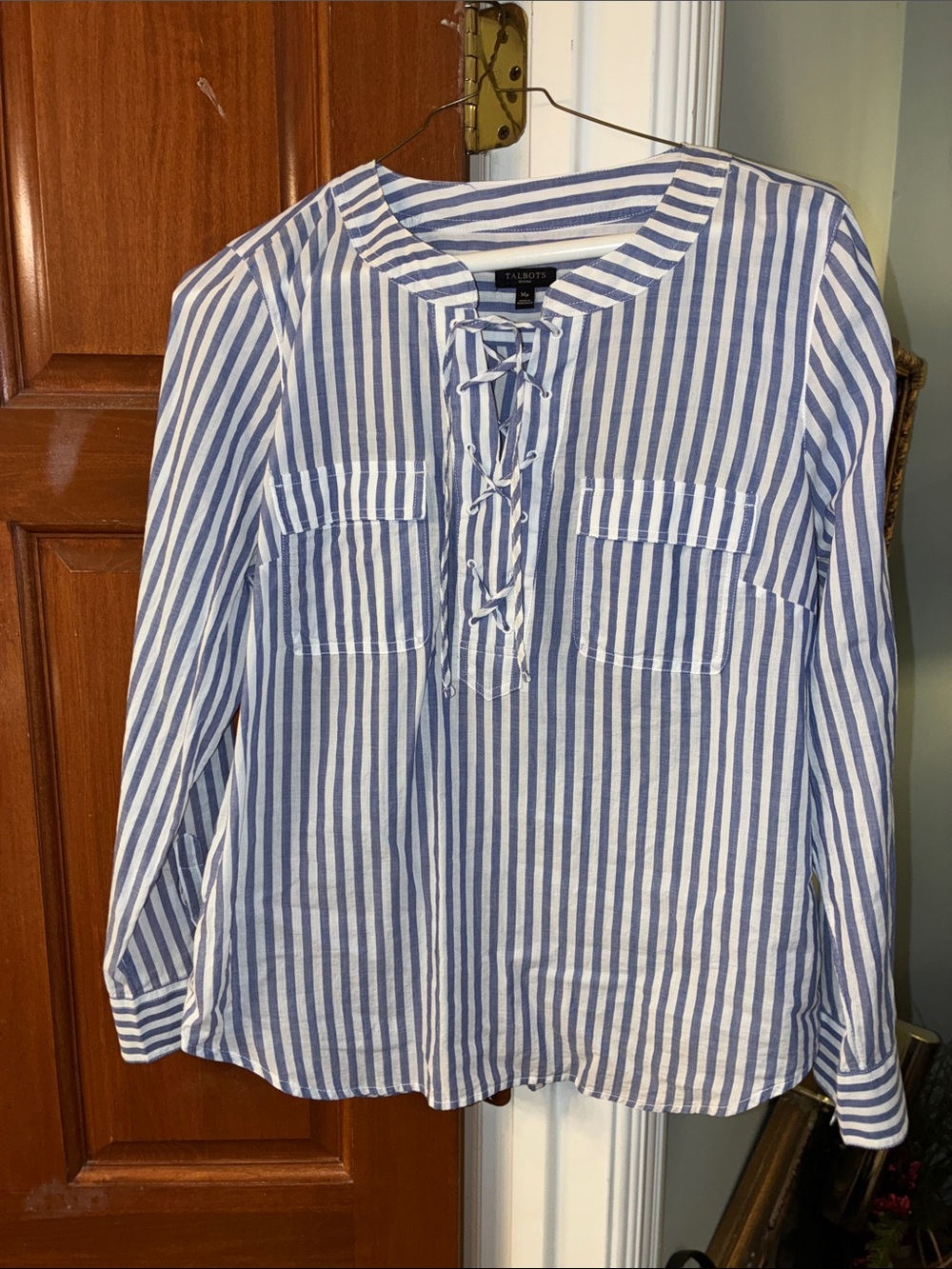 Talbots Blue and White Striped Lace-Up Tunic Top